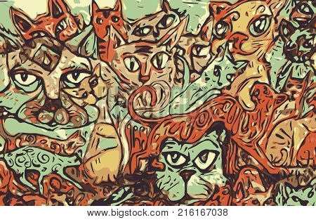 A picture of lots of cat faces abstract surreal art
