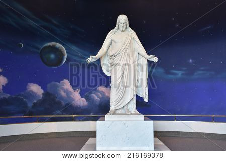 SALT LAKE CITY, UT - AUG 28: North Visitors Center at Temple Square in Salt Lake City, Utah, as seen on Aug 28, 2017. It features a replica of the Christus, a statue of Jesus Christ.