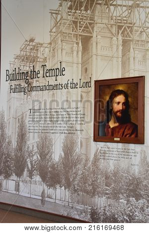 SALT LAKE CITY, UT - AUG 28: South Visitors Center at Temple Square in Salt Lake City, Utah, as seen on Aug 28, 2017. It focuses on the temple and the importance of families in the Lord's plan for His children.