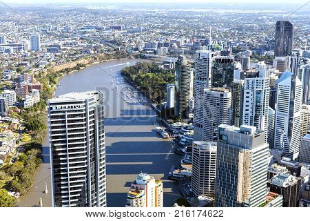 BRISBANE, AUSTRALIA - OCTOBER 18 2016:  Aerial view facing in a southernly direction over Brisbane CBD