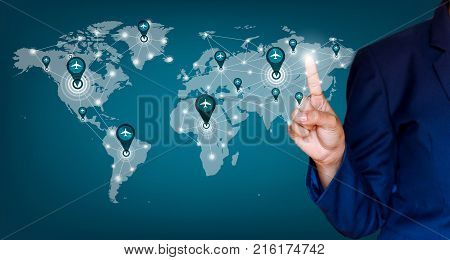 world map plane logistic in network World map a plane transportation White and blue.
