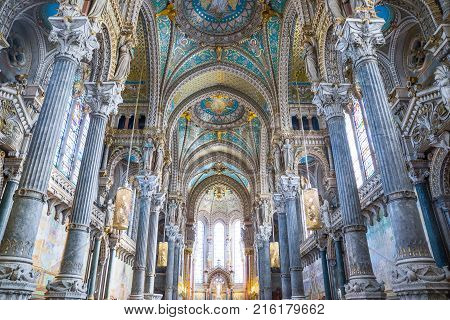 Lyon France - December 9 2016: The nave of the Notre Dame de Fourviere basilica