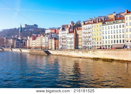 France Lyon the architectures of the old town seen from the Saone river