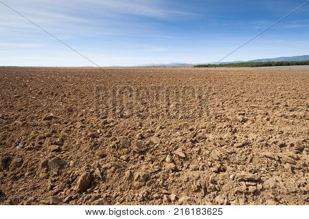 Ploughed fields in an agricultural landscape in Guadalajara Province, Spain