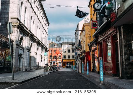 Cork, Ireland - November 12, 2017: Oliver Plunkett street in Cork. It is typical shopping street in the center of Cork