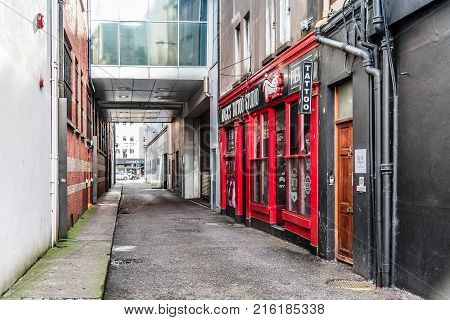 Cork, Ireland - November 12, 2017: Oliver Plunkett street in Cork. It is typical shopping street in the center of Cork