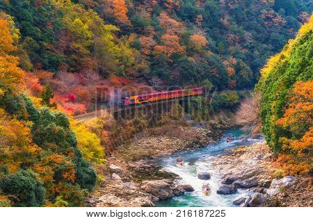 beautiful mountain view in autumn season with sagano scenic railway or romantic train on bridge and boat in the river in Arashiyama Kyoyo Japan sotf focus