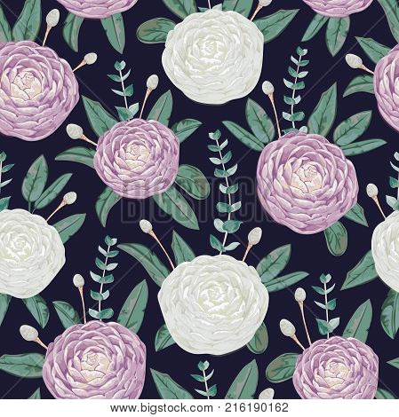 Seamless pattern with white and purple camellia flowers, silver brunia and eucalyptus . Decorative holiday floral background. Vintage vector illustration in watercolor style