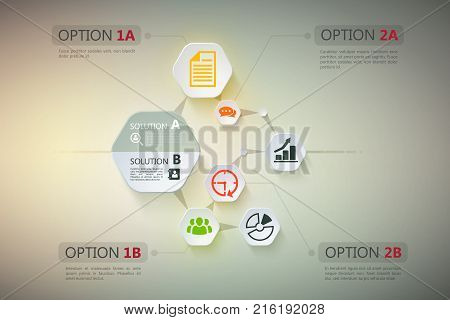 Business design concept with steps of options and two tipe of solutions in 3d style vector illustration