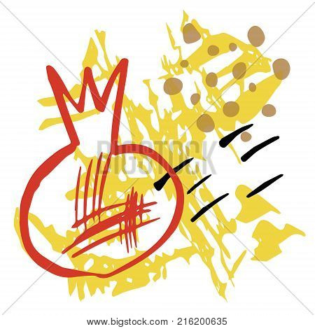 Minimalistic background with paint brush strokes and abstract pomegranate silhouette. Hand drawn elements with red black and yellow colors.Vector design.