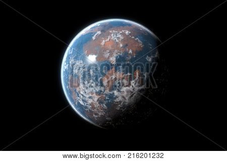 This image represent a generic desert planet or exoplanet with atmosphere and life. It is a realistic 3d rendering