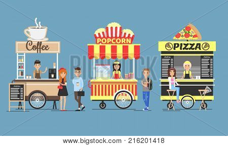 Coffee, Popcorn and Pizza Booths colorful icons isolated on blue background. Vector illustration with fast food booths surrounded by customers
