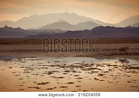 Low tide in the Nabq national park. Mountains on the horizon at sunset.