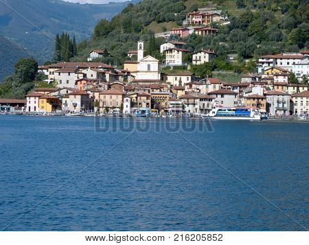 A ferry sailing towards Monteisola on Lake Iseo - Brescia - Lombardy - Italy