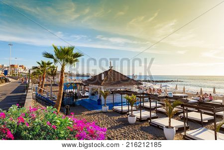 Beautiful view over Fanabe beach at sunset, in Tenerife Canary island