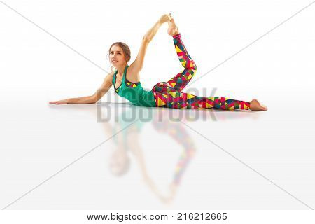 Beautiful Flexible Woman Doing Yoga Poses On White
