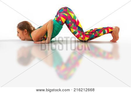 Beautiful Flexible Woman Doing Yoga Poses On White