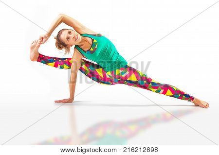 Beautiful Flexible Woman Doing Yoga Poses On White