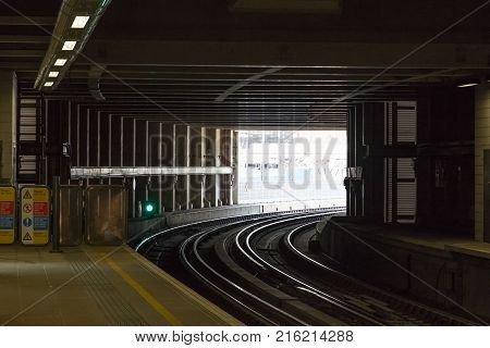 London UK - June 21 2017 - Overground track emerge to the open around the corner at Shoreditch High Street station