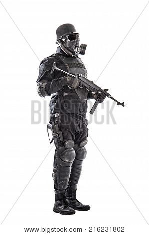 Futuristic nazi soldier gas mask and steel helmet with schmeisser handgun isolated on white studio shot full body portrait