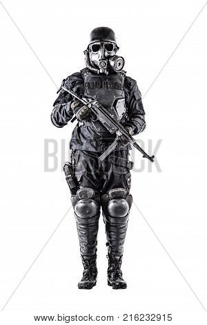 Futuristic nazi soldier gas mask and steel helmet with schmeisser handgun isolated on white studio shot full body portrait