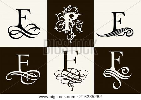 Vintage Set . Capital Letter F for Monograms and Logos. Beautiful Filigree Font. Victorian Style