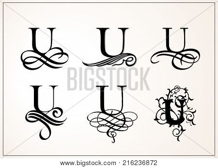 Vintage Set . Capital Letter U for Monograms and Logos. Beautiful Filigree Font. Victorian Style