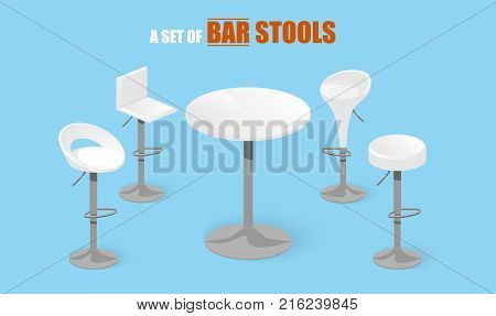 Set of bar stools and table. Bar high chair. Bar interior design. Vector illustration