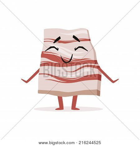 Slice of pork lard with smiling face. Delicious and fresh product. Flat cartoon meat food character standing isolated on white background. Vector illustration design for butcher store or food market.