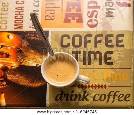 close up espresso coffee cup on table