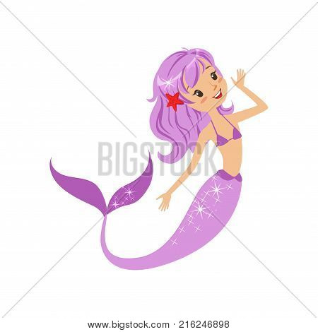 Colorful mermaid character with purple hair and long fish tail. Happy mythical girl swimming underwater. Sea and ocean concept. Isolated flat vector. Design for children book, sticker or postcard.