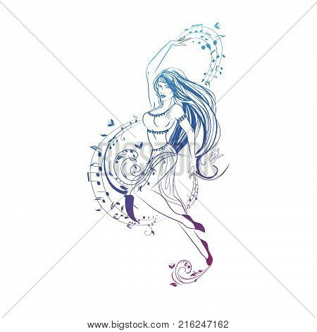 One of school subjects set music dance vector coloring page girl dancing next to treble clef