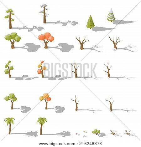 Isometric set of different low poly trees and shrubs vector graphic illustration design