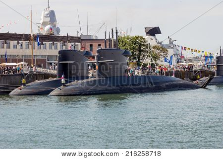 DEN HELDER THE NETHERLANDS - JUL 7 2012: Dutch Navy Walrus-class submarines moored during the Dutch Navy Days.