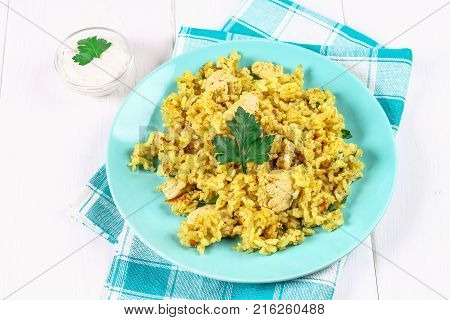 Indian Biryani With Chicken, Yogurt And Spices In A Plate On A Wooden Table. New Year's, Christmas D