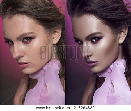 Beautiful Fashionable Girl Haired With Long Curly Hair Posing With A Pink Bow. The Girl In The Studi