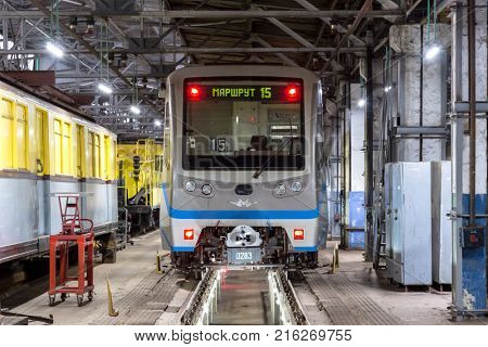 Moscow, Russia - October 27, 2017: Subway train metro depot Krasnaya presnya