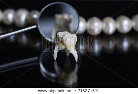 bad rotten tooth pulled and stands opposite the offices of the mirrors and dazzling white pearls on a black isolated background