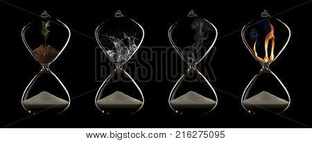 Four elements of fire plant water and air in a hourglasses