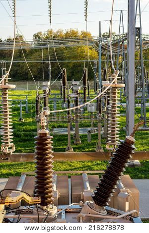 Power transformer powering electrical switchyard. Grid distribution center.