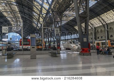BARCELONA, SPAIN - MAY 17, 2017: These are the platform of Estacio de Franca which are covered with glazed metal cornices and describe a large arc to the left.