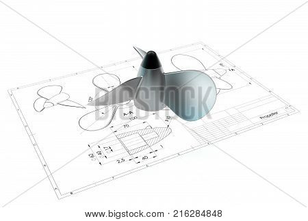 3d Illustration Of Propeller Above Engineering Drawing