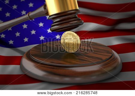 Bitcoin and judge gavel laying on flag of USA. Bitcoin legal situation in USA concept. 3D rendering