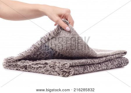 Warm scarf in female hands on a white background isolated. Sale and buy