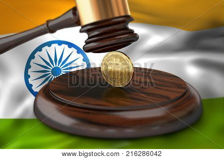 Bitcoin and judge gavel laying on flag of India. Bitcoin legal situation in India concept. 3D rendering