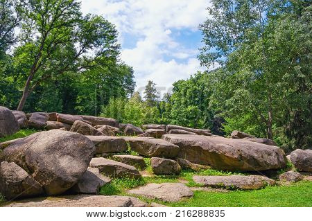Trees and stones. View of park Sofiyivka in Uman city, Ukraine