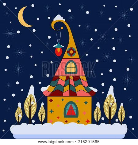 Merry christmas card with house. Happy new year.