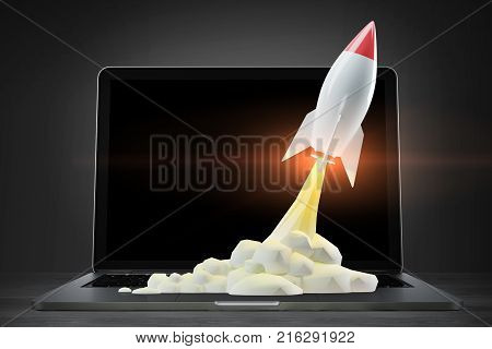 White and red rocket taking off. A black background and a laptop on a table. 3d rendering mock up.
