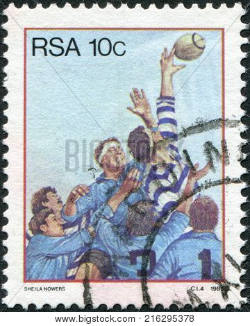 SOUTH AFRICA - CIRCA 1983: A stamp printed in South Africa (RSA), is depicted rugby, circa 1983