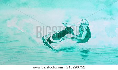 Watercolor painting of Jet ski Competitor  cornering at speed